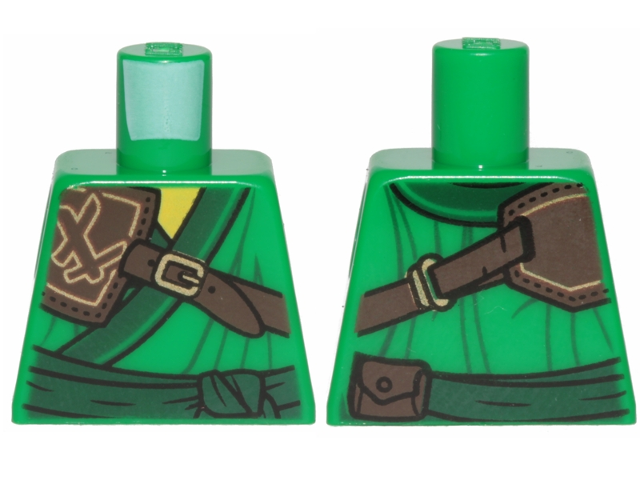 Torso Ninjago Robe with Dark Green Trim and Sash, Dark Brown Leather Pauldron Pattern
