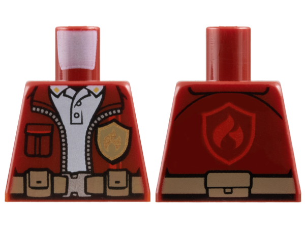 Torso Jacket with Gold Fire Logo Badge over White Polo Shirt, Utility Belt, Red Fire Logo on Back Pattern