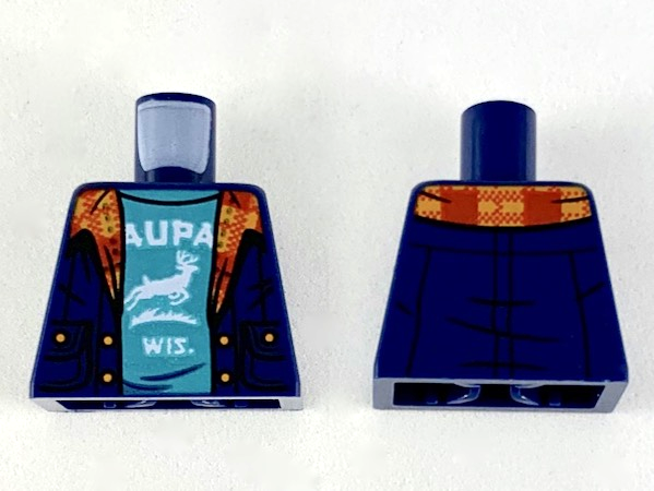 Torso Jacket with Plaid Collar, Dark Turquoise Shirt with White 'AUPA WIS' and Buck Pattern