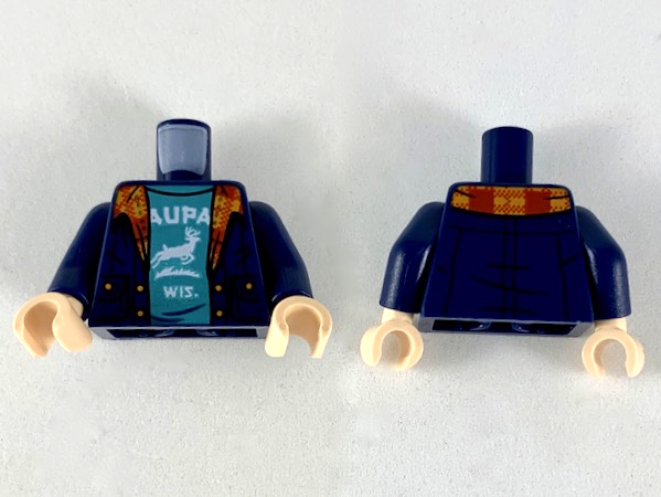 Torso Jacket with Plaid Collar, Dark Turquoise Shirt with White 'AUPA WIS' and Buck Pattern / Dark Blue Arms / Light Nougat Hands