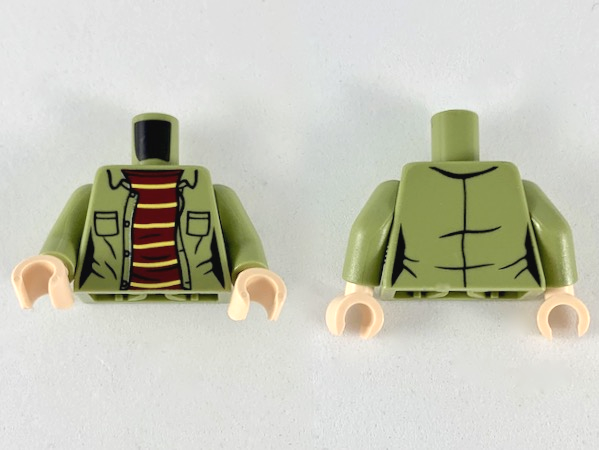 Torso Female Jacket with Pockets and Dark Red Shirt with 6 Yellow Stripes Pattern / Olive Green Arms / Light Nougat Hands