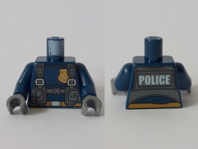 Torso Police with Harness, Gold Star Badge Logo, Belt and 'POLICE' on Back Pattern / Dark Blue Arms / Dark Bluish Gray Hands