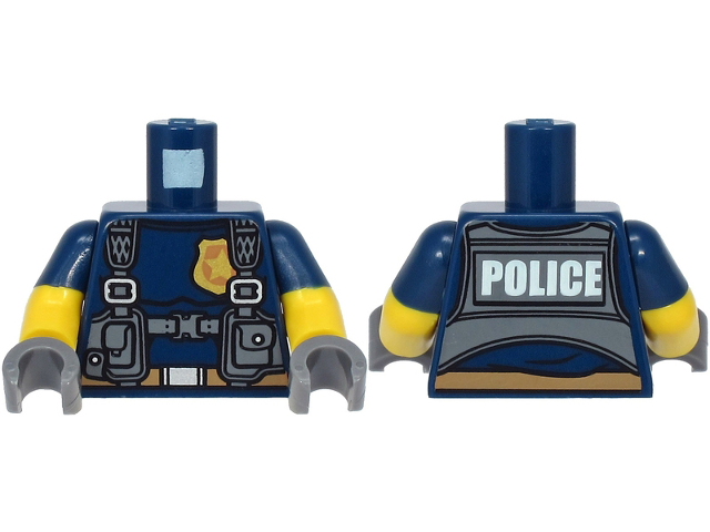 Torso Police with Harness, Gold Star Badge Logo, Belt and 'POLICE' on Back Pattern / Yellow Arms with Molded Dark Blue Short Sleeves Pattern / Dark Bluish Gray Hands