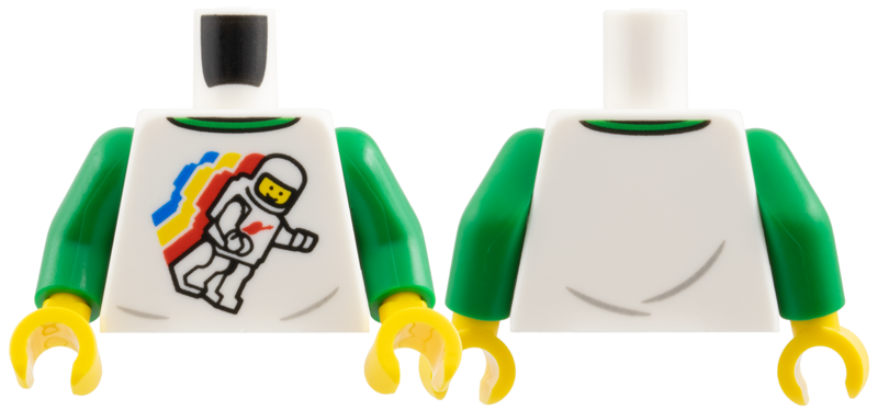 Torso Classic Space Minifigure Floating with Light Bluish Gray Wrinkles and Back Print Pattern / Green Arms / Yellow Hands