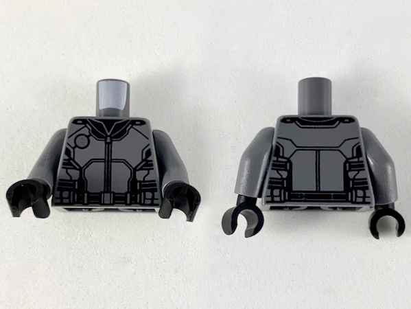 Torso Armor with Black Panel Lines, Silver Circle and Highlights Pattern / Dark Bluish Gray Arms / Black Hands