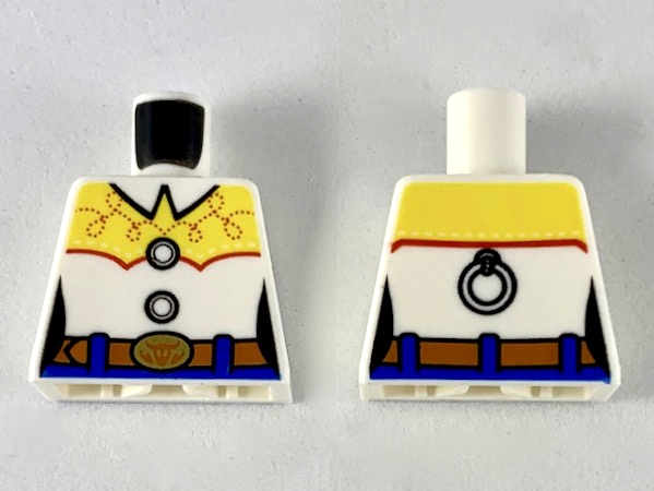 Torso Female Western Shirt with Collar, Yellow Shoulders with Red Stitching, Reddish Brown Belt and Gold Buckle Pattern