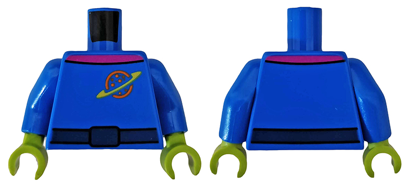 Torso Space Uniform with Orange and Yellow Ringed Planet Logo, Dark Blue Belt, Magenta Collar Pattern / Blue Arms / Lime Hands