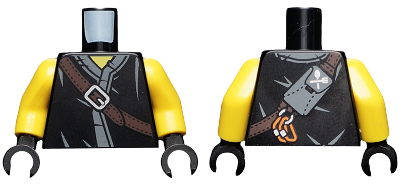 Torso Ninjago Robe with Brown Belt, Silver Buckle, Cutlery Pouch, Carabiners and Dark Bluish Gray Fabric Creases Pattern / Yellow Arms / Black Hands