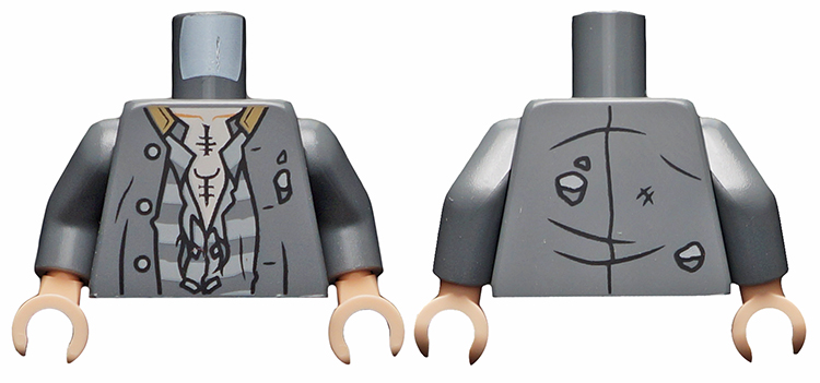 Torso Tattered Jacket, Shirt with Prison Stripes and Light Nougat Chest with Tattoos Pattern / Dark Bluish Gray Arms / Light Nougat Hands