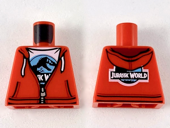 Torso Hoodie with White Drawstrings, Silver Zipper and White Jurassic World Logo T-Shirt Pattern