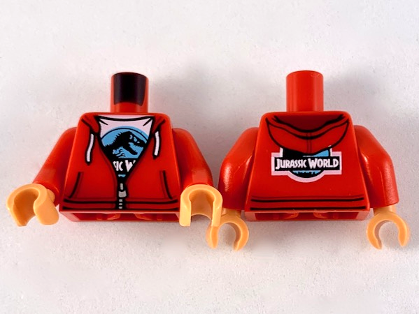 Torso Hoodie with White Drawstrings, Silver Zipper and White Jurassic World Logo T-Shirt Pattern / Red Arms / Nougat Hands