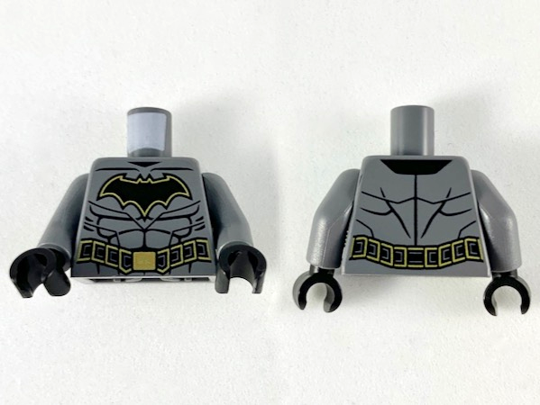 Torso Batman Black Bat with Gold Outline, Black Muscles Outline, Black Belt with Gold Buckle and Borders Pattern / Dark Bluish Gray Arms / Black Hands