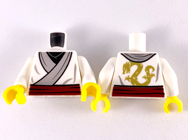 Torso Ninjago Kimono with Gray Trim, Dark Red Sash and Gold Dragon on Back Pattern / White Arms / Yellow Hands