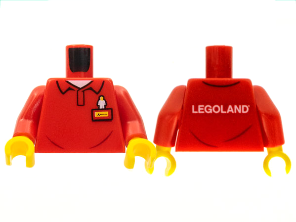 Torso Polo Shirt with White Minifigure Emblem, Yellow Name Tag and 'LEGOLAND' on  Back Pattern / Red Arms / Yellow Hands
