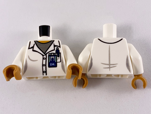 Torso Female Lab Coat over Dark Bluish Gray Shirt, 'DR' ID Badge and Pocket Pattern / White Arms / Medium Nougat Hands