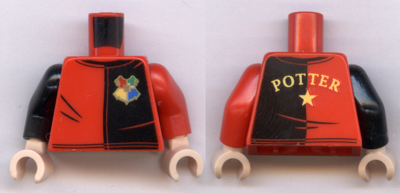 Torso Shirt with Black Left Half, Hogwarts Emblem, and Yellow 'POTTER' and Star on Back Pattern / Red Arm Left / Black Arm Right / Light Nougat Hands