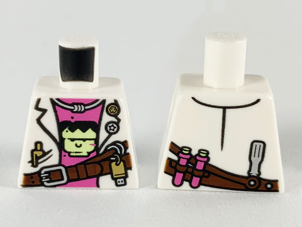 Torso Female Lab Coat over Dark Pink Undershirt with Frankenstein Design and Reddish Brown Belt Pattern