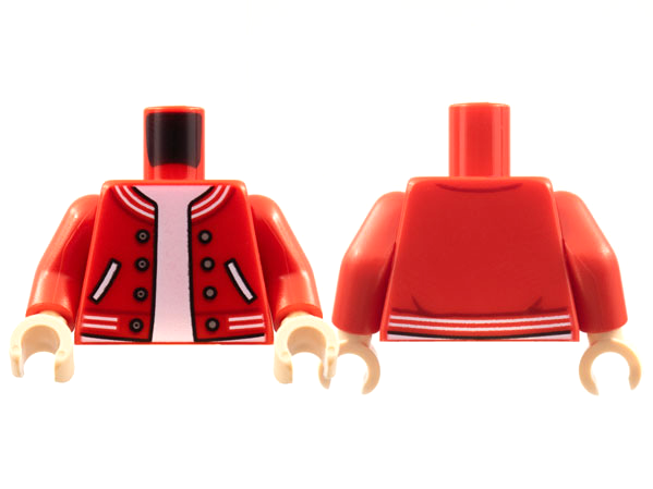 Torso Letterman Jacket with Striped Trim, Pockets, and Silver Buttons over White Shirt Pattern / Red Arms / Light Nougat Hands