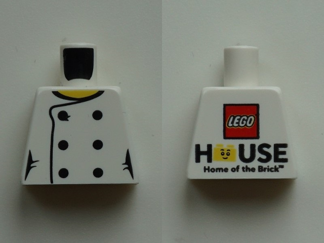 Torso Female Chef with 6 Black Buttons and Yellow Neck, 'LEGO HOUSE Home of the Brick' on Back Pattern