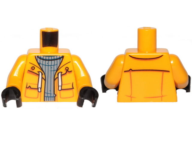 Torso Sand Blue Turtleneck Sweater and Raincoat with White Laces Pattern / Bright Light Orange Arms / Black Hands
