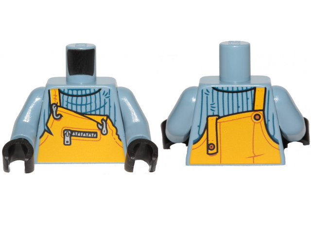 Torso Turtleneck Sweater with Bright Light Orange Overalls and Zippered Breast Pocket Pattern / Sand Blue Arms / Black Hands