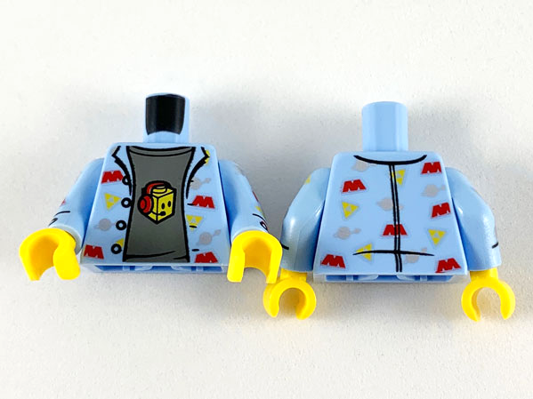 Torso Shirt with Space Theme Logos and Dark Bluish Gray T-Shirt Pattern / Bright Light Blue Arms with Space Themes Logos Pattern / Yellow Hands