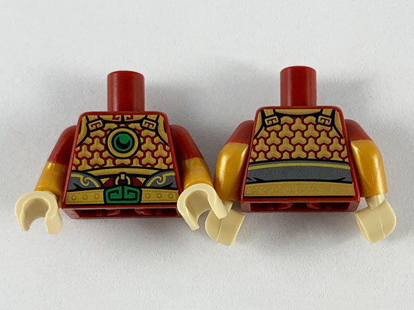 Torso Armor with Gold Trim, Green Circle and Buckle Pattern / Pearl Gold Arms with Molded Dark Red Short Sleeves Pattern / Tan Hands