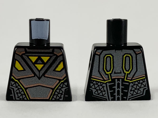 Torso Space Armor Pearl Dark Gray Plates with Copper Trim and 3 Yellow Triangles Blacktron I Logo Pattern