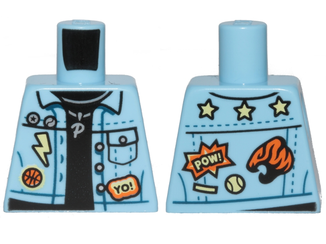 Torso Denim Jacket over Black Shirt with Badges, 'YO!', 'POW!' and Silver Necklace with 'P' Pendant Pattern