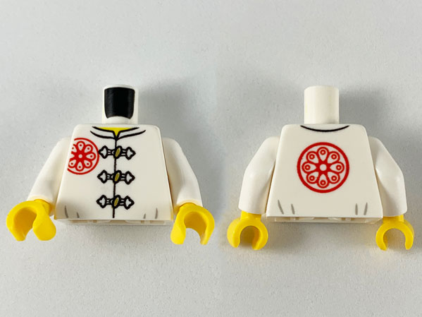 Torso Gi with 3 Gold Frog Clasps, Red Flower Symbol on Lapel and Back Pattern / White Arms / Yellow Hands