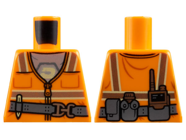 Torso Safety Vest with Zipper and Silver and Bright Light Yellow Reflective Stripes over Light Bluish Gray Shirt with Blacktron Logo, Dark Bluish Gray Utility Belt with Buckle, Pencil, Pouch, Canteen, and Radio Pattern