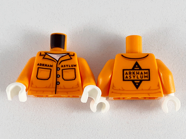 Torso Prison Jumpsuit, White Undershirt, Black 'ARKHAM ASYLUM' Front and Back Pattern / Orange Arms / White Hands
