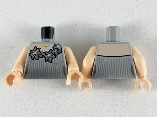 Torso Female Dress, Light Nougat Neck, Silver Flowers and Vertical Stripes Pattern / Light Nougat Arms / Light Nougat Hands