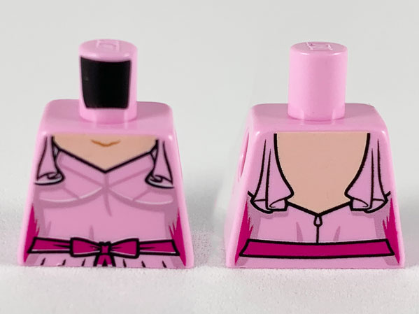 Torso Female Dress with Shoulder Ruffles, Light Nougat Neck, Metallic Pink Trim and Magenta Belt Pattern