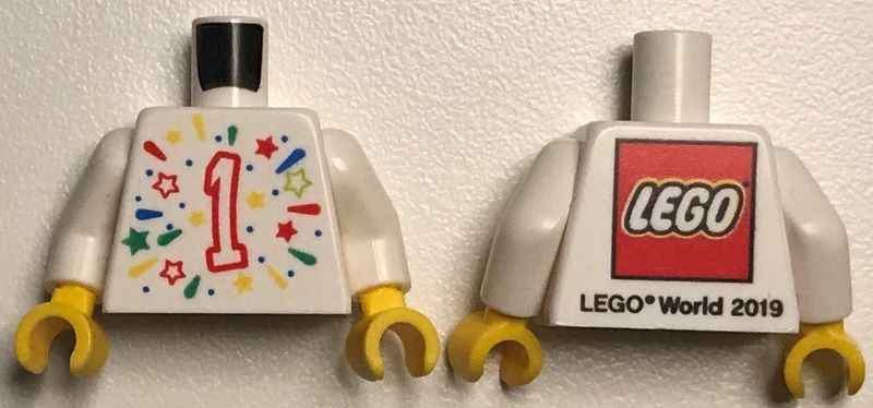 Torso LEGO World 2019 with Splash of Colors, Stars and Number 1 Pattern / White Arms / Yellow Hands