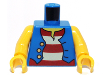 Torso Pirate Vest Open with Gold Buttons over Shirt with Red and White Horizontal Stripes, Yellow Neck, NO Back Print Pattern (BAM) / Yellow Arms / Yellow Hands