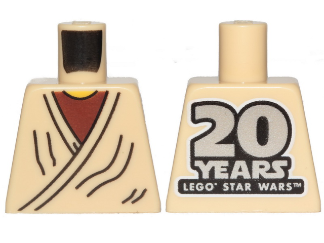 Torso SW Layered Shirt Old Obi-Wan Yellow Neck with '20 YEARS LEGO STAR WARS' on Back Pattern