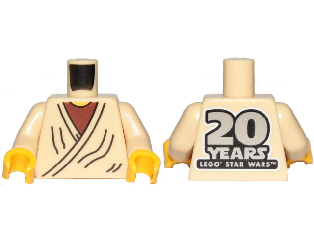 Torso SW Layered Shirt Old Obi-Wan Yellow Neck with '20 YEARS LEGO STAR WARS' on Back Pattern / Tan Arms / Yellow Hands