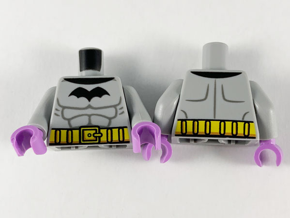 Torso Black Bat, Dark Bluish Gray Muscle Contours, Yellow Utility Belt Pattern / Light Bluish Gray Arms / Medium Lavender Hands