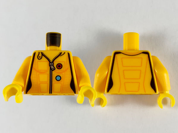 Torso Female Jumpsuit, Orange Trim, Silver Zipper, Red and Medium Azure Circles Pattern / Bright Light Orange Arms / Yellow Hands