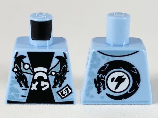 Torso Jacket with Black Dragons and Metallic Light Blue Triangles, Black Shirt with White Asian Symbols Pattern