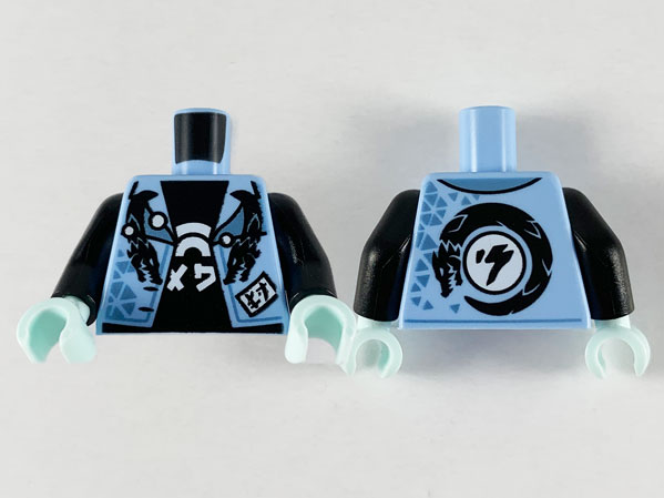 Torso Jacket with Black Dragons and Metallic Light Blue Triangles, Black Shirt with White Asian Symbols Pattern / Black Arms / Light Aqua Hands