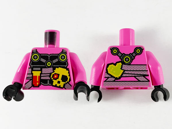 Torso Ninjago Black Breastplate with Silver Straps, Pixelated Flask, Skull, and Heart Pattern / Dark Pink Arms / Black Hands