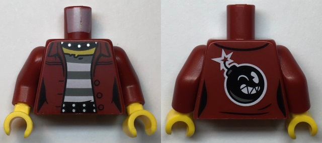 Torso Female Prisoner Jacket over Black and White Striped Undershirt, Bomb on Back Pattern / Dark Red Arms / Yellow Hands