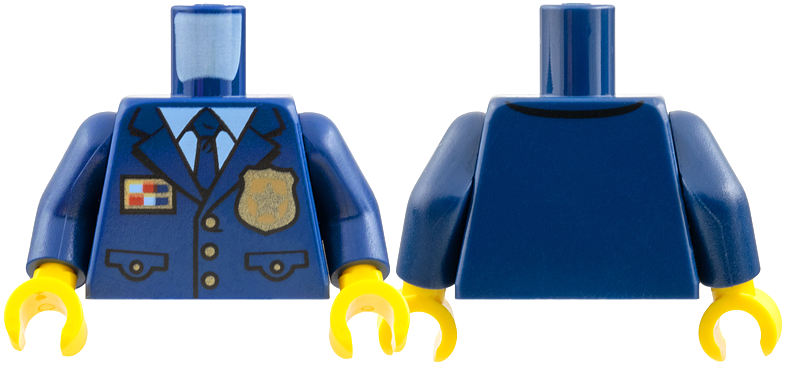 Torso Police Suit with Tie and Pockets, Gold Star Badge Logo and Buttons, Light Blue Undershirt Pattern / Dark Blue Arms / Yellow Hands