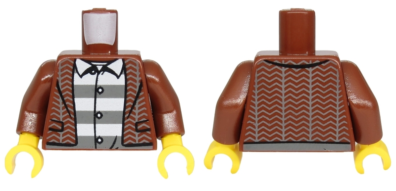 Torso Tweed Jacket Open over Gray and White Striped Shirt with 3 Buttons Pattern / Reddish Brown Arms / Yellow Hands