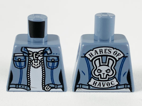 Torso Female Denim Jacket and Silver Zipper and Chain with Rabbit Pendant, 'HARES OF HAVOC' on Back Pattern