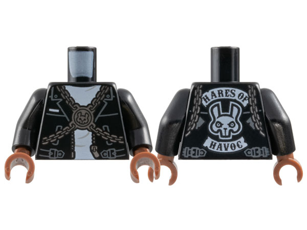 Torso Biker Jacket and White Shirt, Silver Chain Crossbelt, 'HARES OF HAVOC' on Back Pattern / Black Arms / Reddish Brown Hands