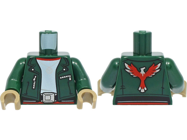 Torso Jacket with Silver Necklace, Buckle, and Zippers, Red Phoenix / Firebird Logo on Back Pattern / Dark Green Arms / Dark Tan Hands