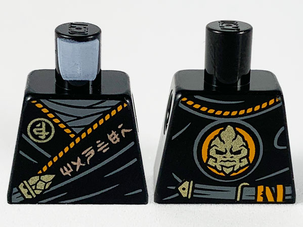 Torso Tunic, Dark Bluish Gray Shirt, Orange Hem, Copper and Gold Ninjago Logogram 'MANTER' and Gorilla Pattern